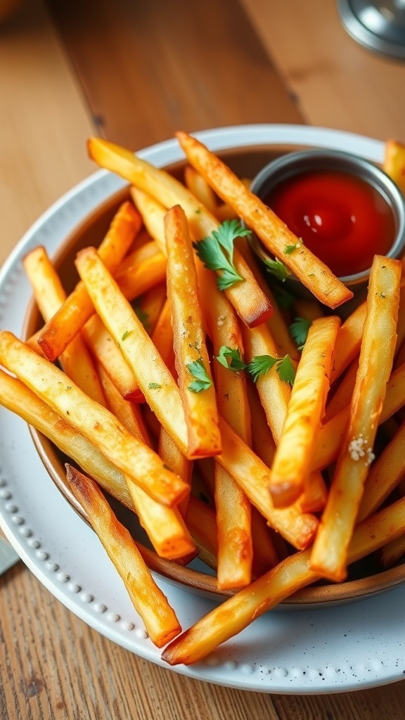 Crispy seasoned fries in a bowl with ketchup on a rustic table.